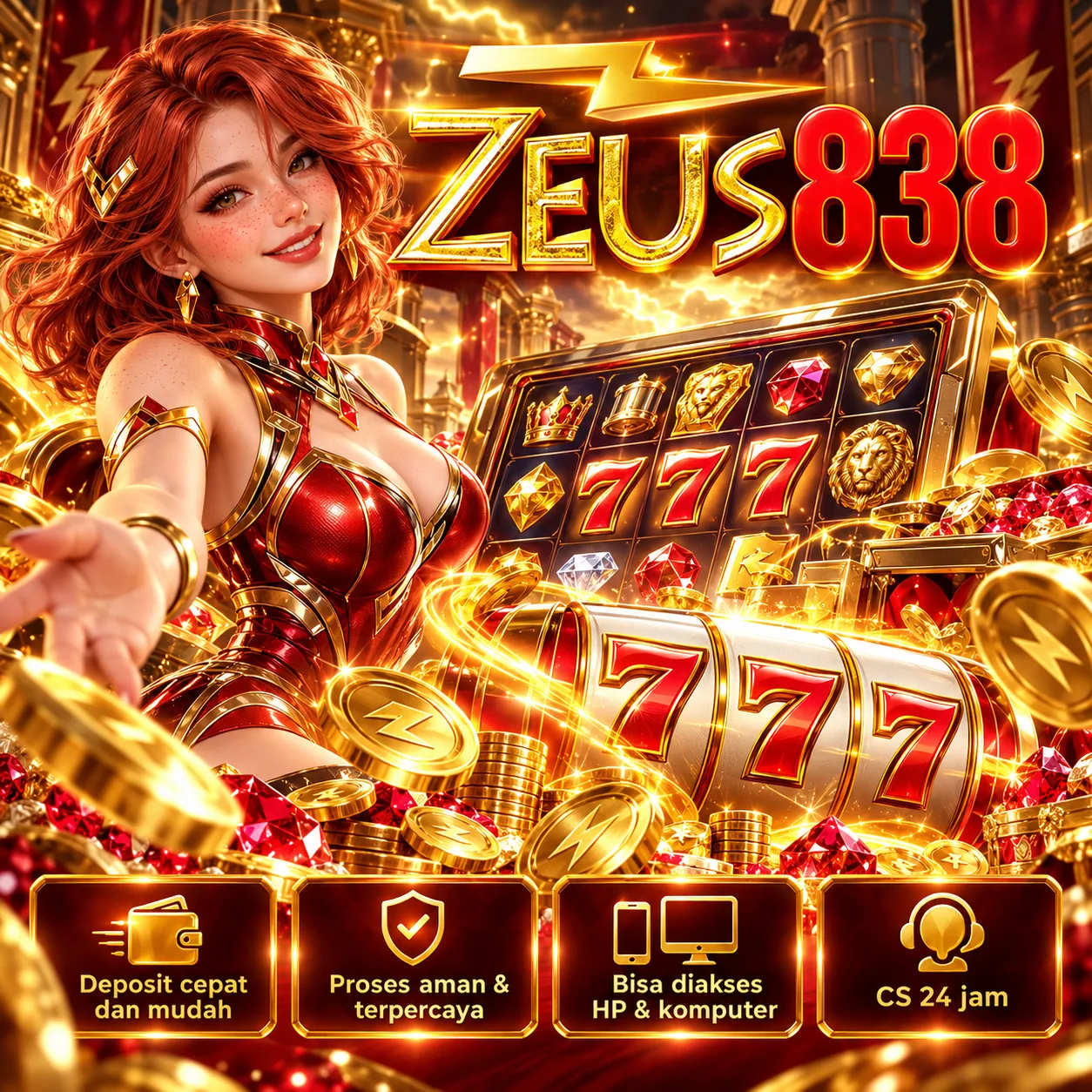 Banner ZEUS838 bergaya fantasi emas dan merah, ilustrasi hiburan digital
